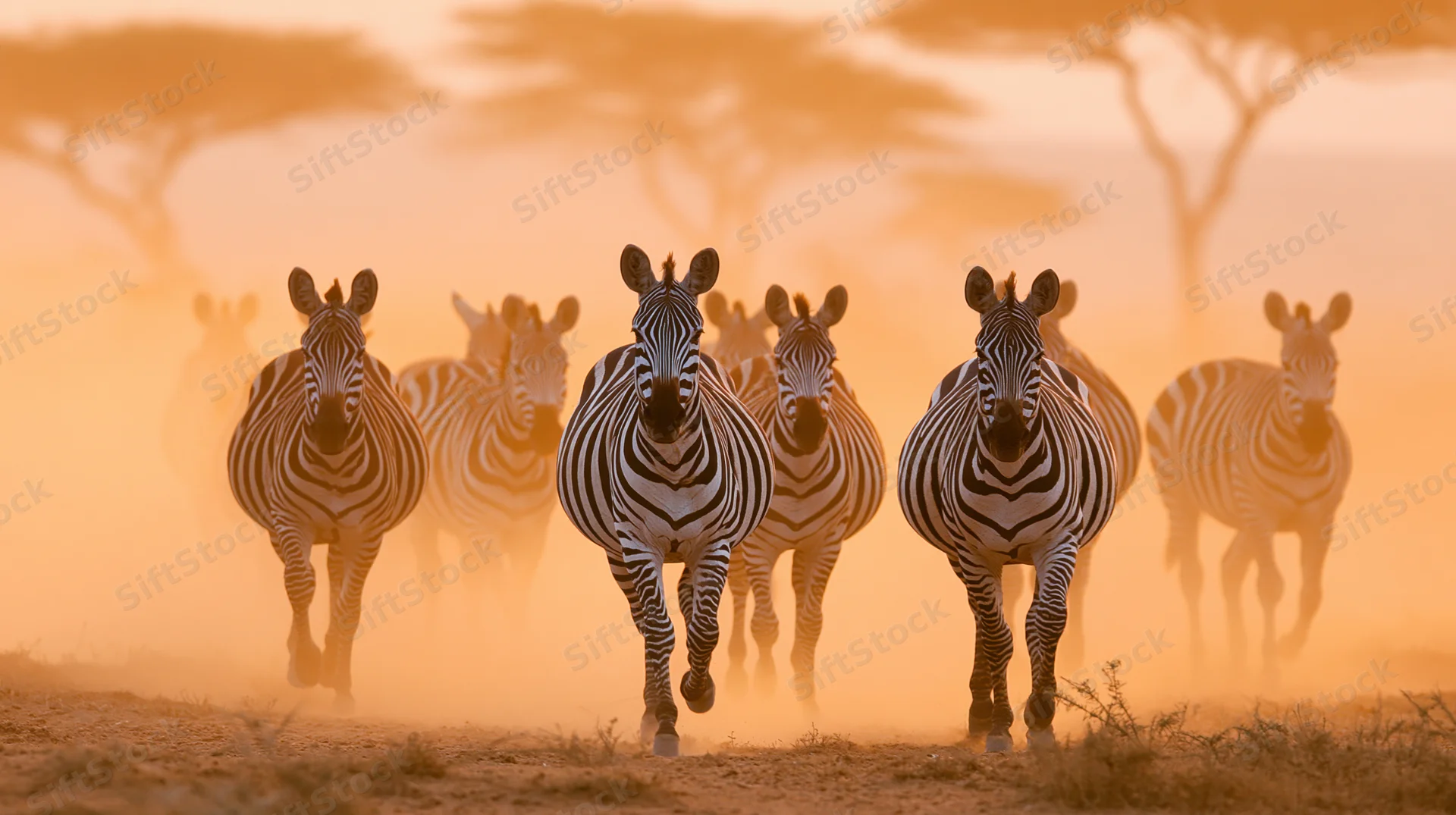 Herd of zebras running toward camera across dry savanna at golden hour