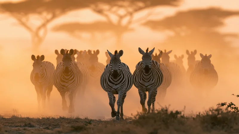 Herd of zebras running toward camera across dry savanna at sunset