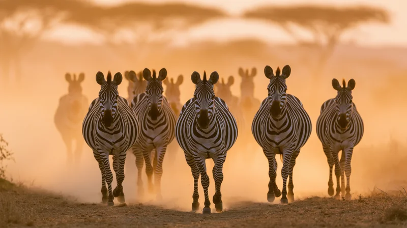 Herd of zebras running toward camera across dry savanna at golden hour