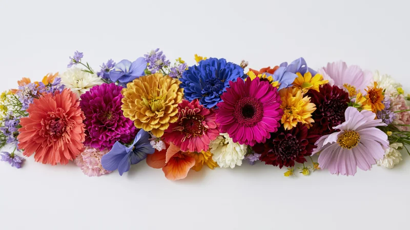 Horizontal arrangement of mixed garden flowers in vibrant colors on white background