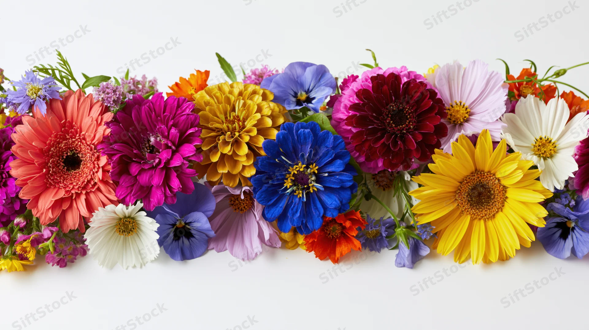 Horizontal arrangement of mixed garden flowers in vibrant colors on white background