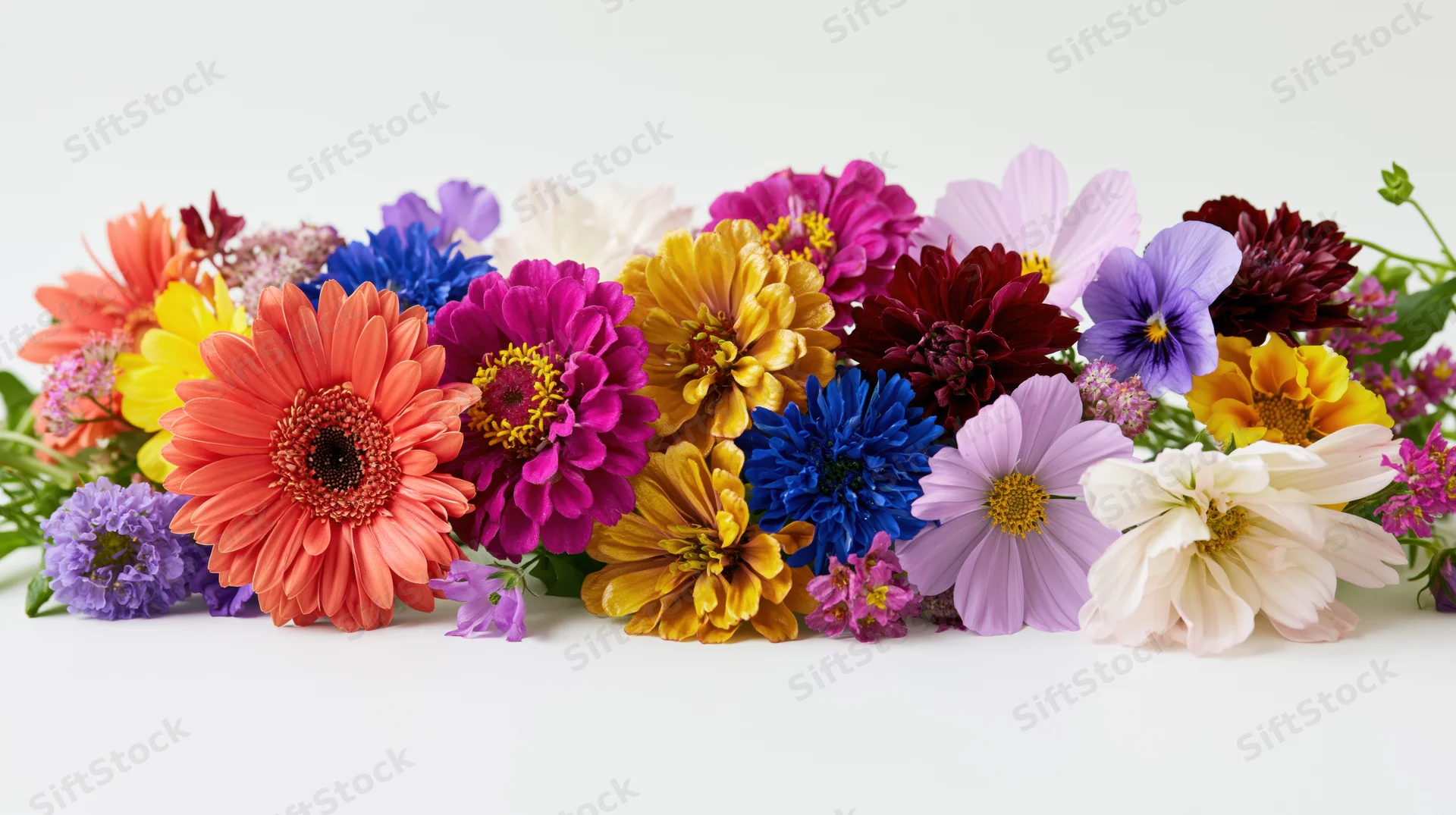 Horizontal arrangement of mixed garden flowers in vibrant colors on white background