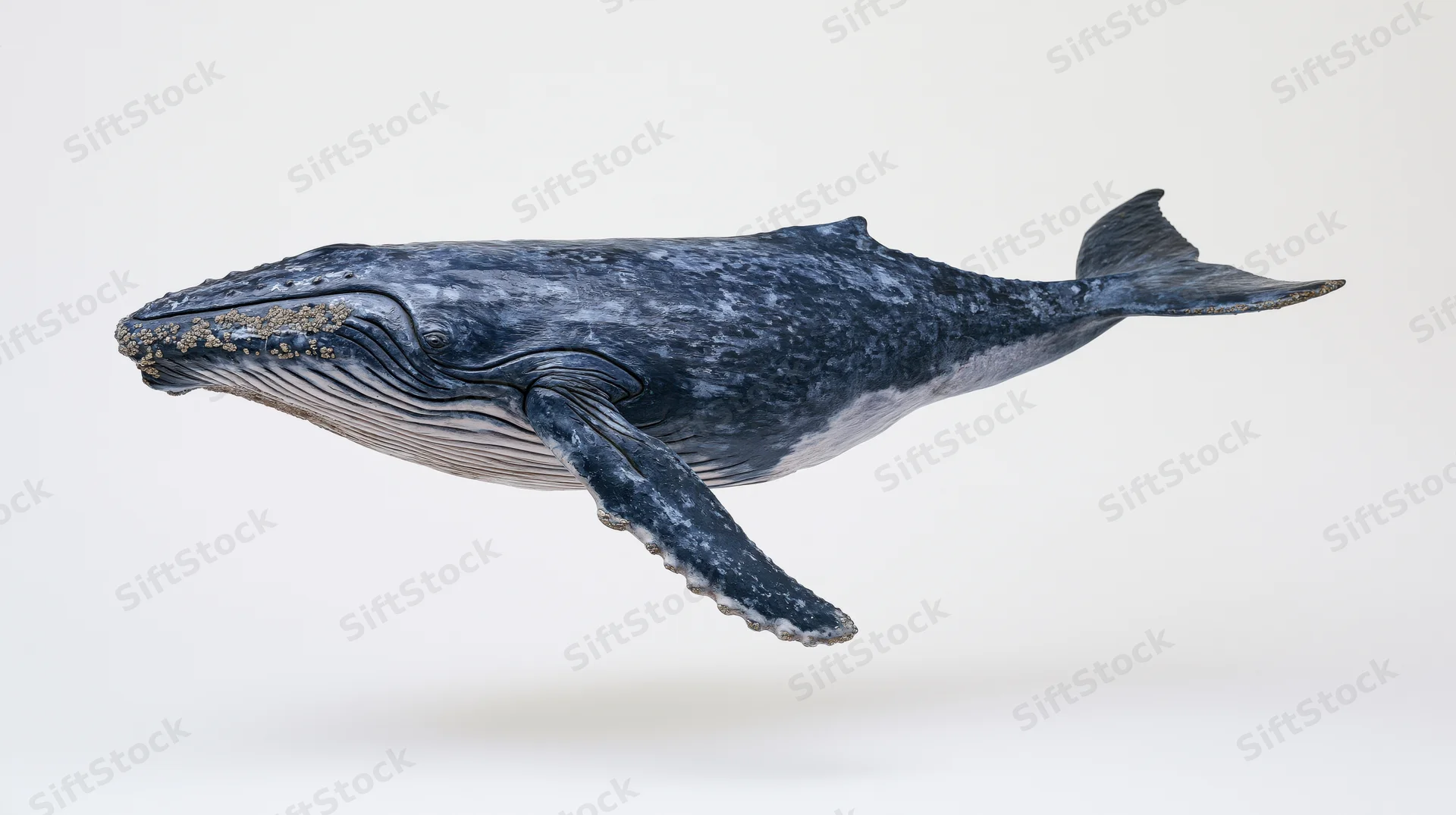 Humpback whale in profile swimming against white background