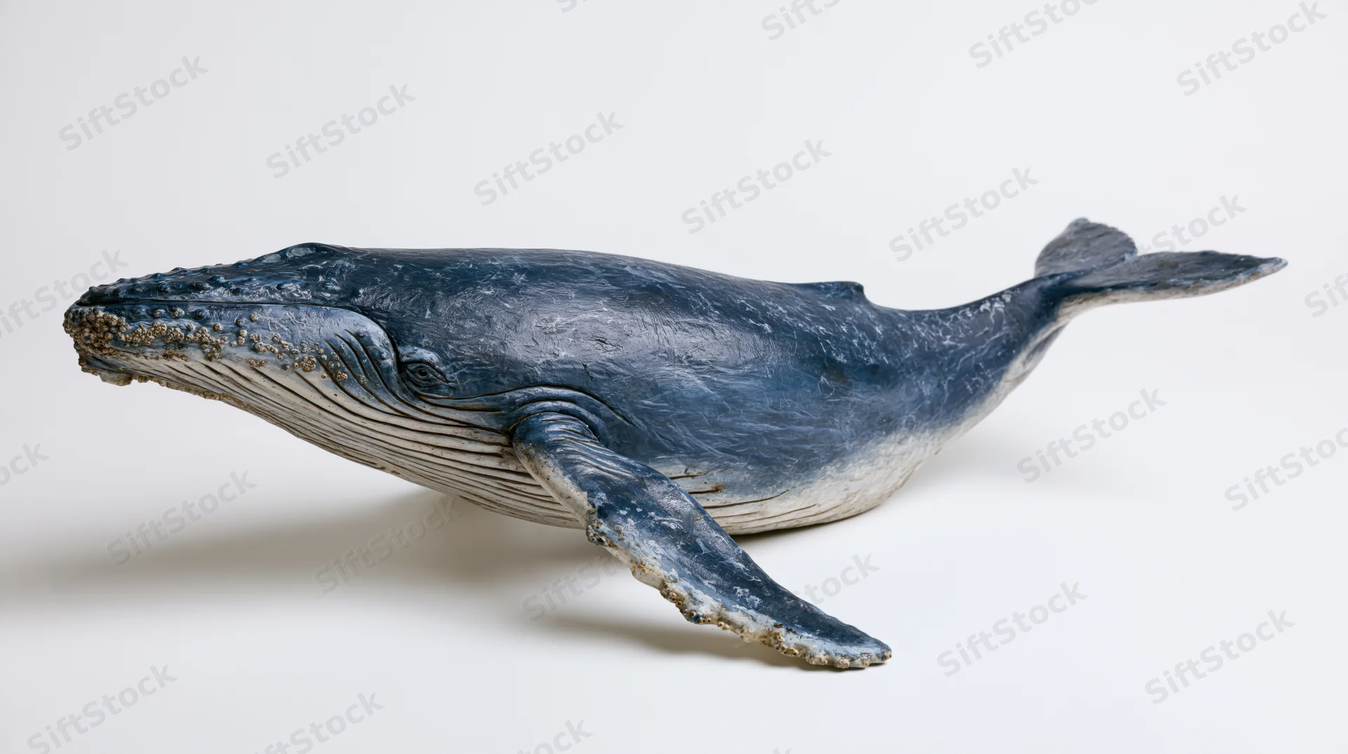 Ceramic humpback whale sculpture in profile view on white background