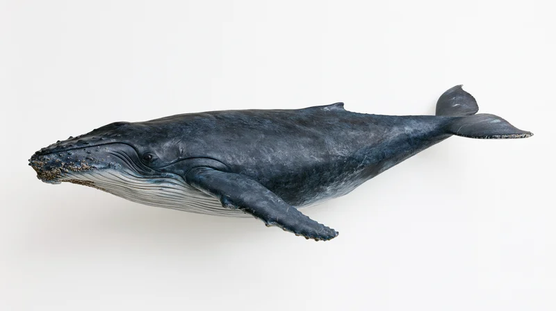 Humpback whale swimming in profile full body visible against white background