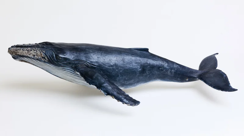 Humpback whale in profile swimming against white background