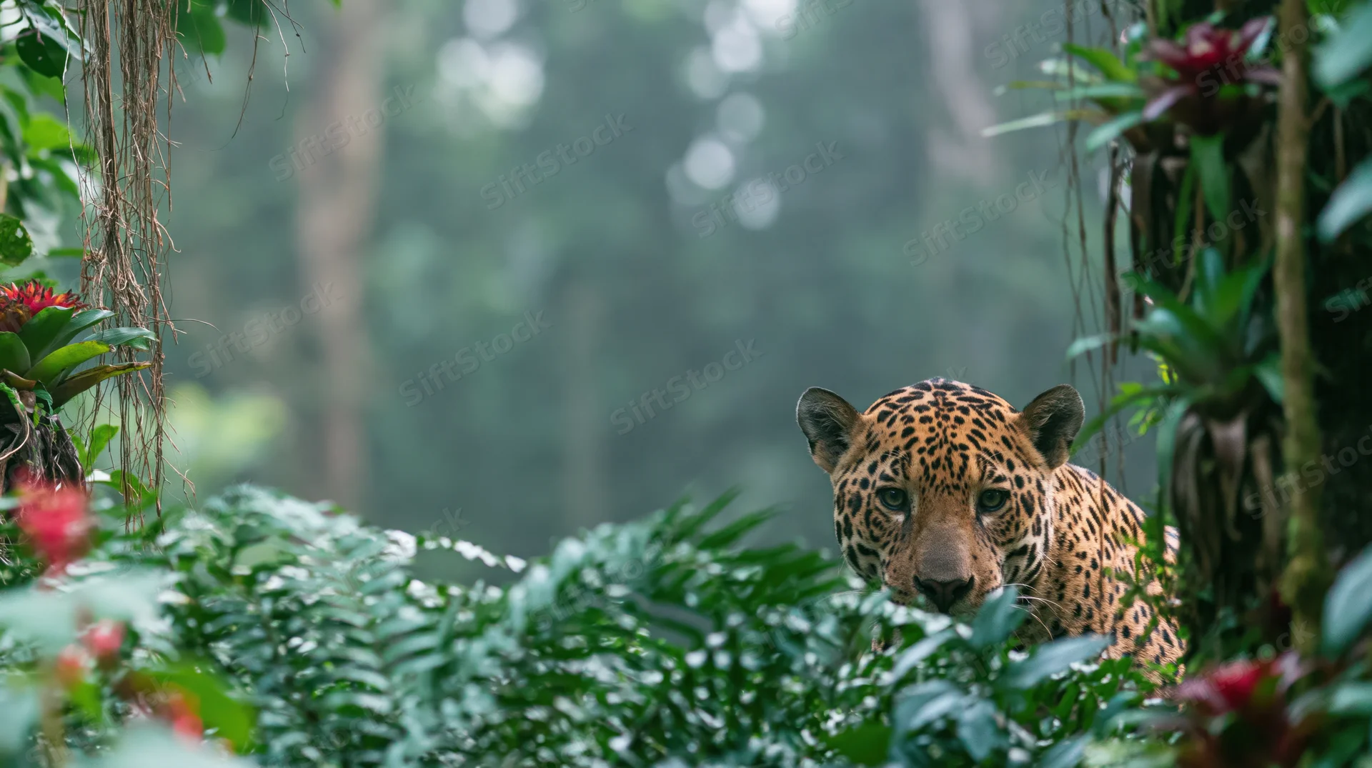 Jaguar peering through dense green foliage in amazon rainforest