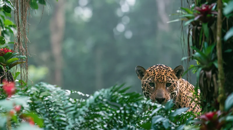Jaguar peering through dense green foliage in amazon rainforest