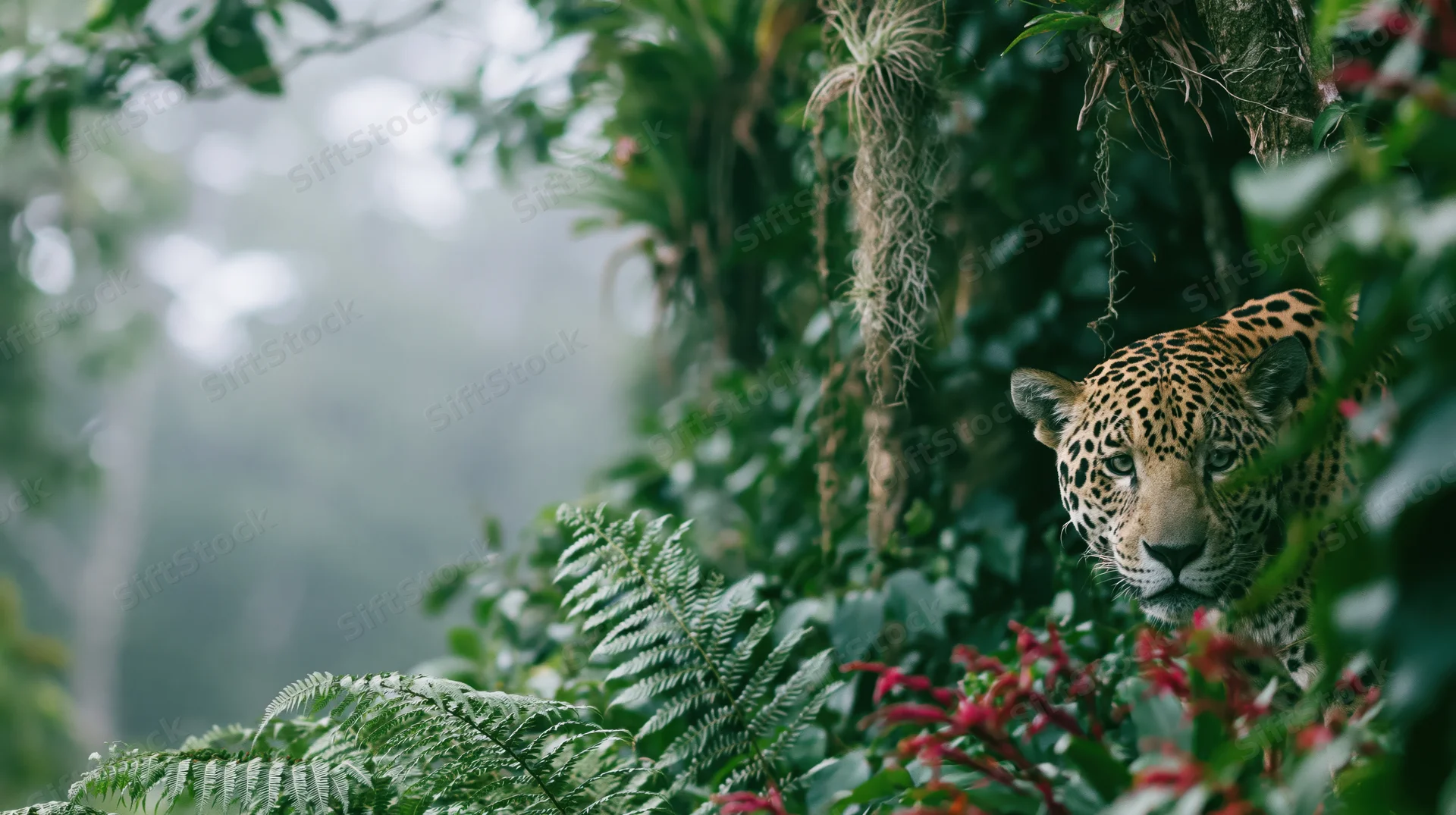 Jaguar peering through dense amazon rainforest foliage with alert gaze