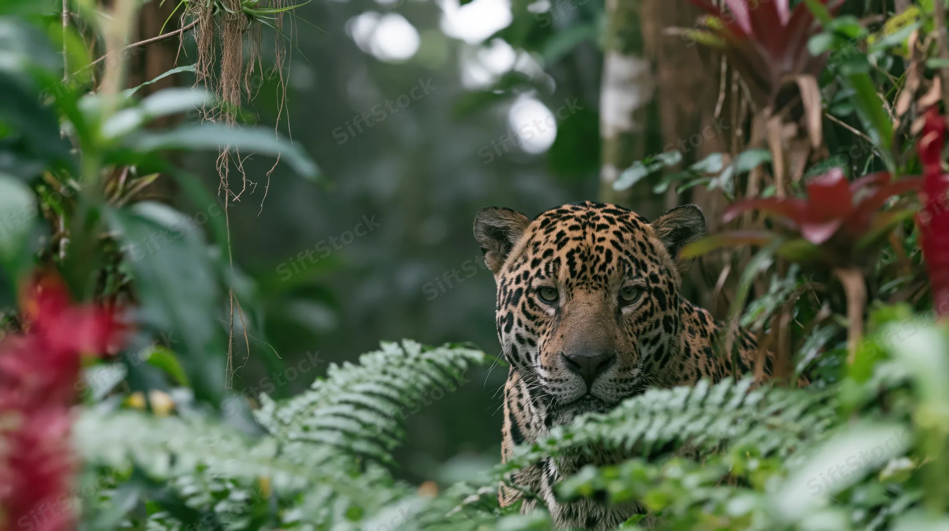 Jaguar peering through dense amazon rainforest foliage with alert gaze