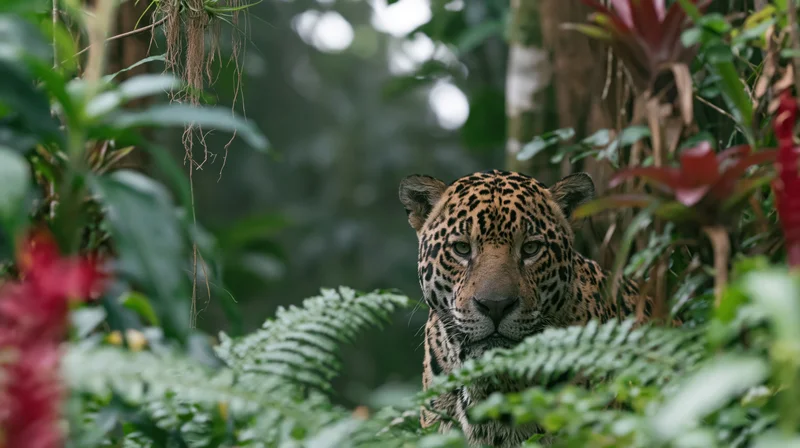 Jaguar peering through dense amazon rainforest foliage with alert gaze