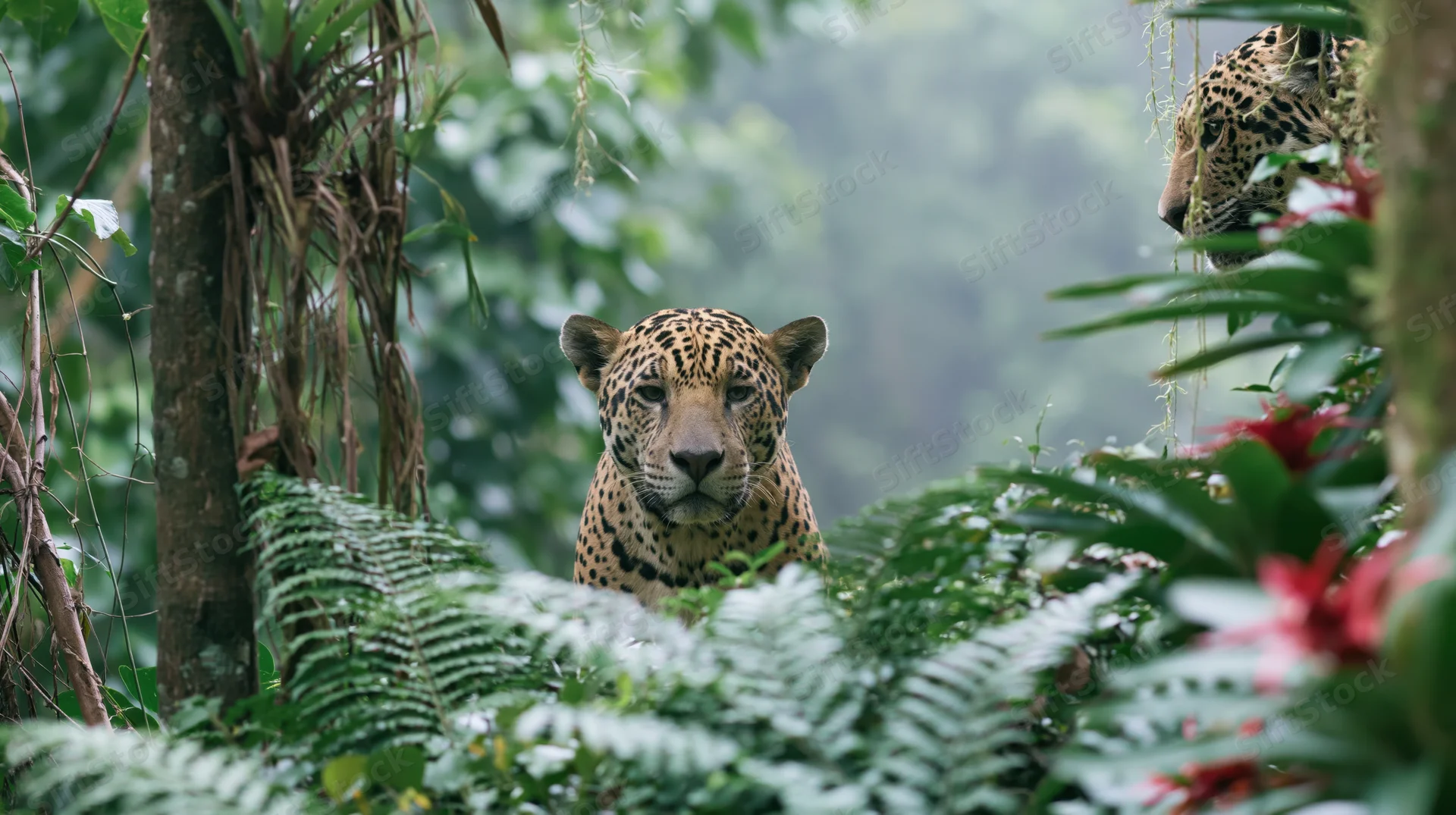 Jaguar peering through dense green foliage in amazon rainforest
