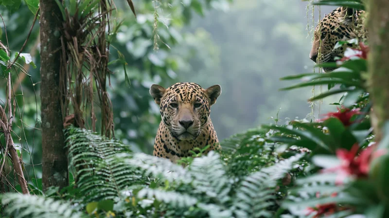 Jaguar peering through dense green foliage in amazon rainforest