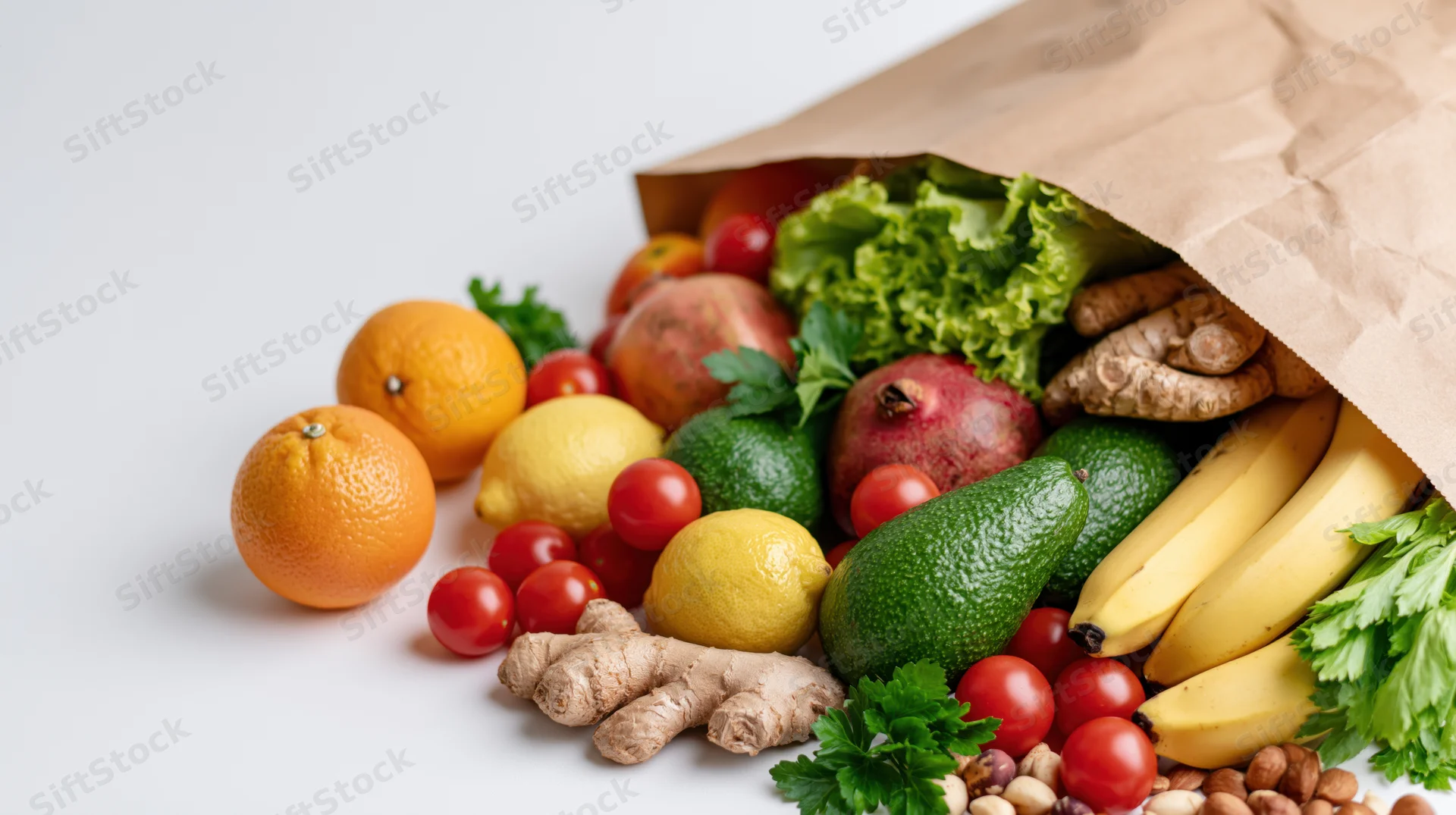 Kraft paper grocery bag tipped on its side spilling fresh produce onto white surface