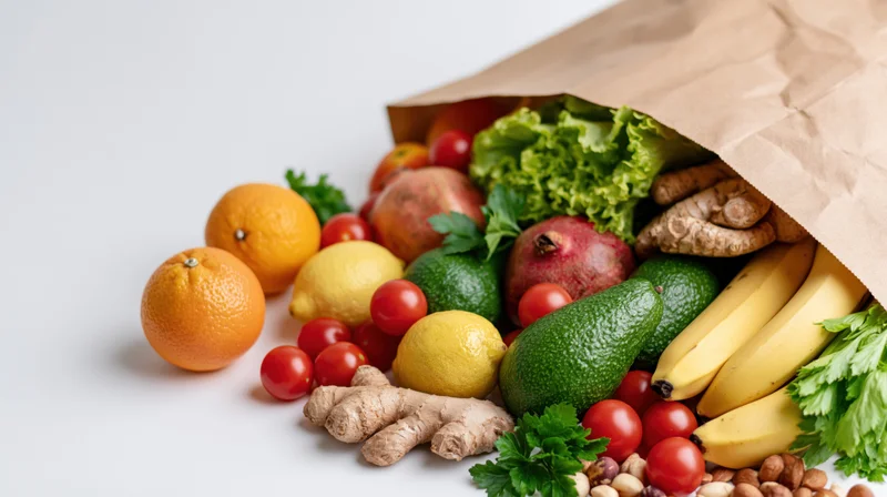 Kraft paper grocery bag tipped on its side spilling fresh produce onto white surface
