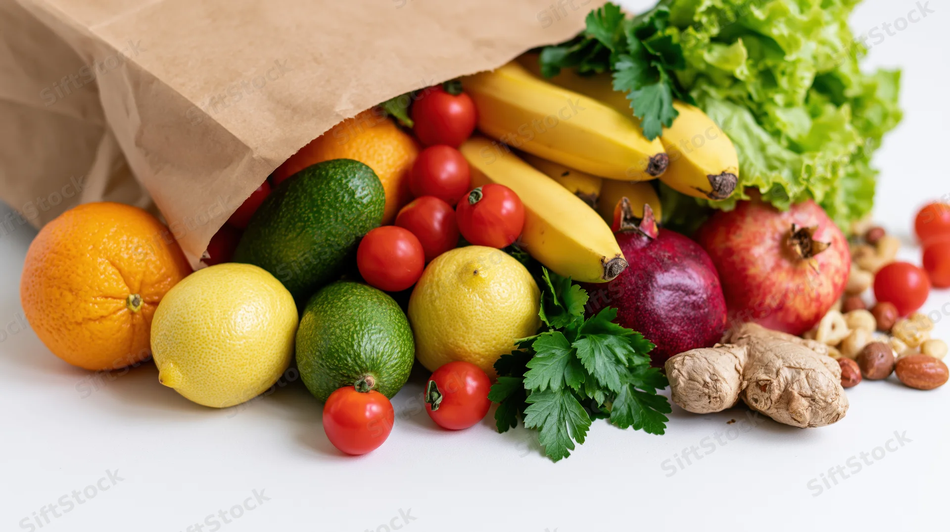 Kraft paper grocery bag tipped on its side with fresh produce spilling out onto white surface