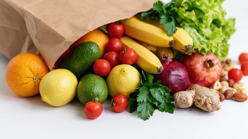 Kraft paper grocery bag tipped on its side with fresh produce spilling out onto white surface