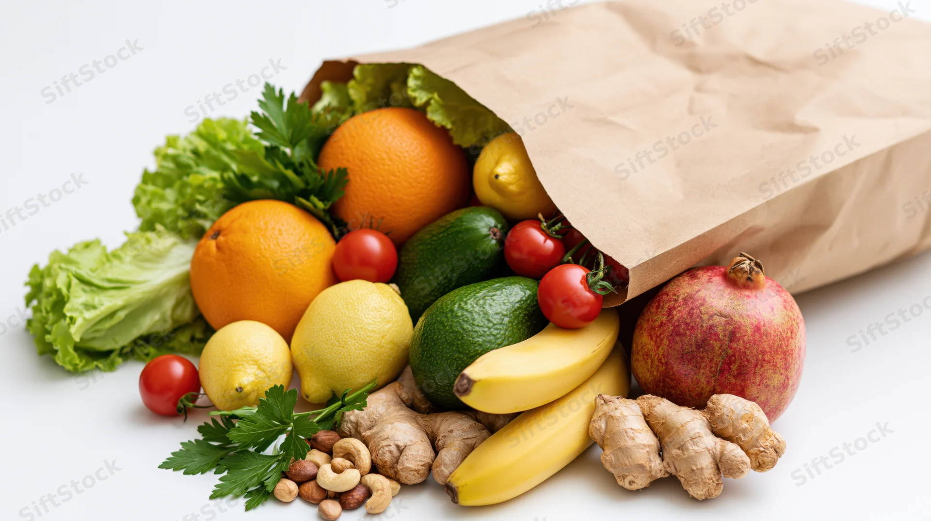 Kraft paper grocery bag tipped on its side with fresh produce spilling out onto white surface