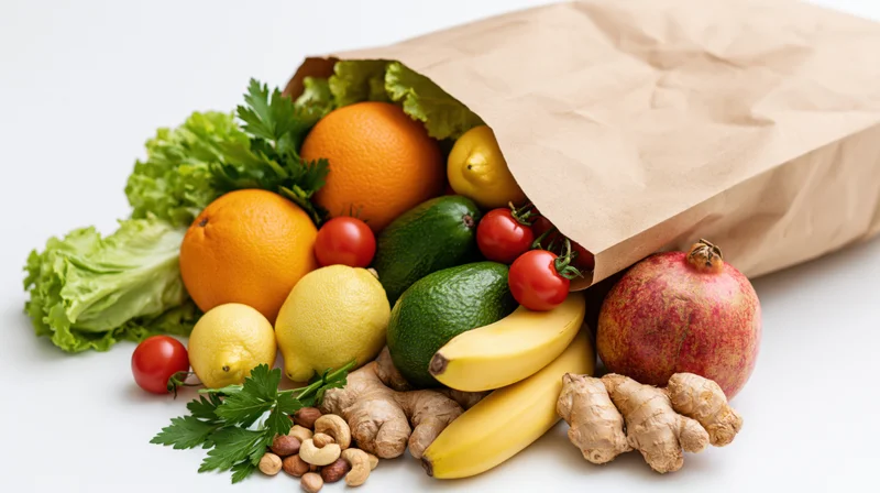 Kraft paper grocery bag tipped on its side with fresh produce spilling out onto white surface