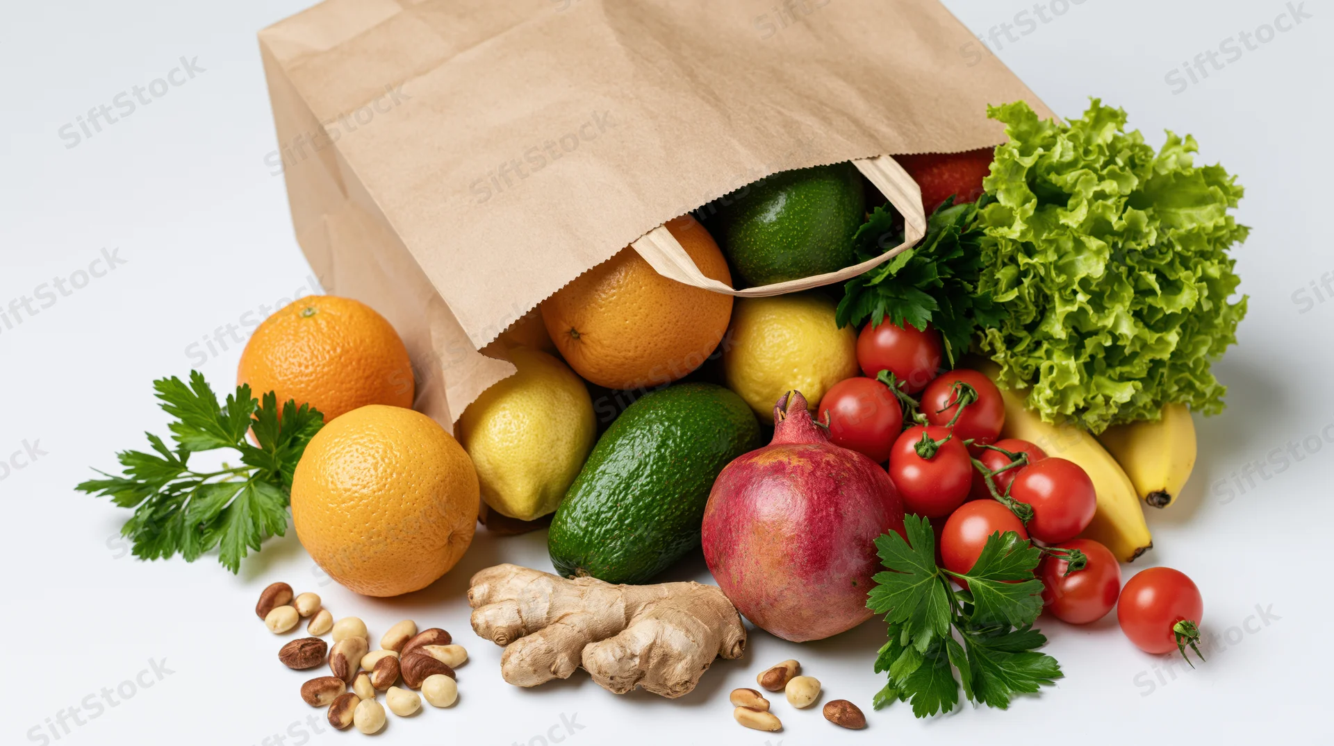 Kraft paper grocery bag tipped on its side with fresh produce spilling out onto white surface
