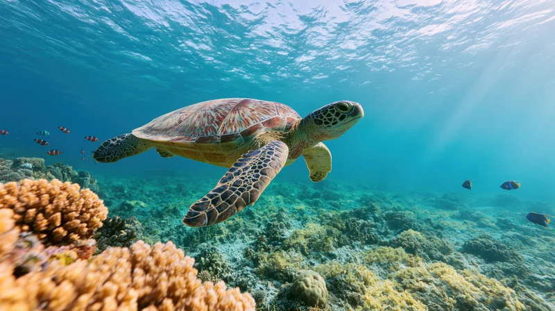 Sea turtle swimming over coral reef in shallow ocean water