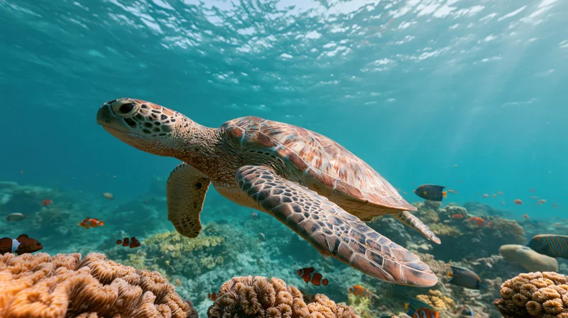 Sea turtle swimming over coral reef in shallow ocean water