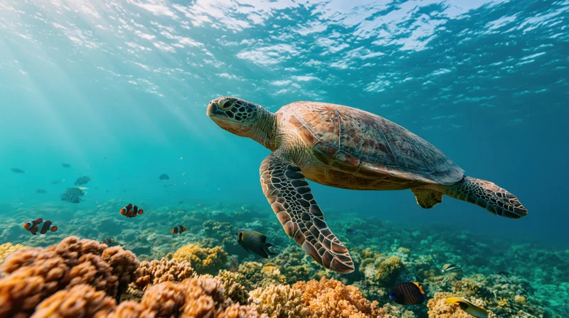 Sea turtle swimming over coral reef in shallow ocean water