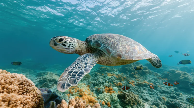 Sea turtle swimming over coral reef in shallow ocean water