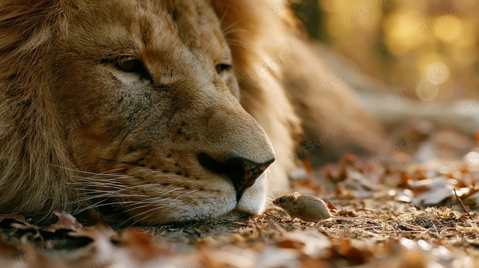 Male lion resting its head low on the ground beside a small mouse in a leaf-strewn natural setting