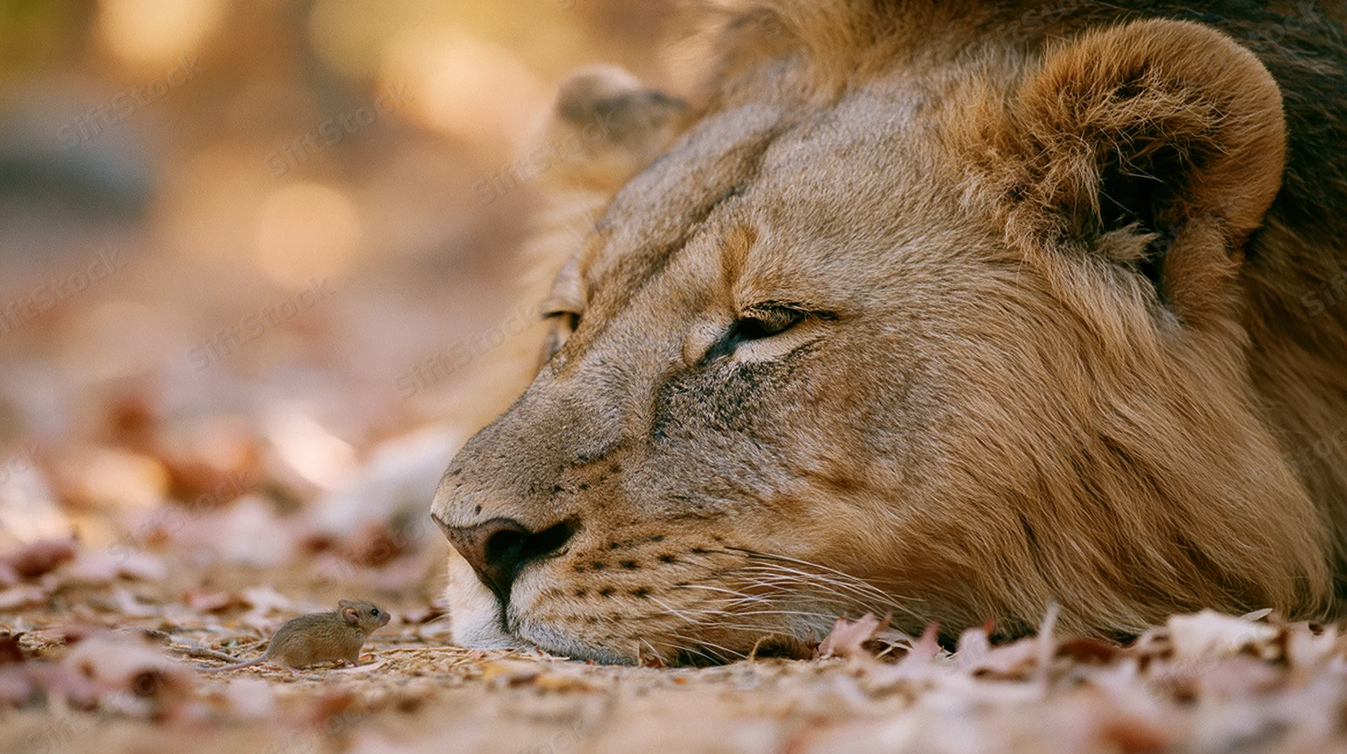 Male lion resting with head low on ground among fallen leaves