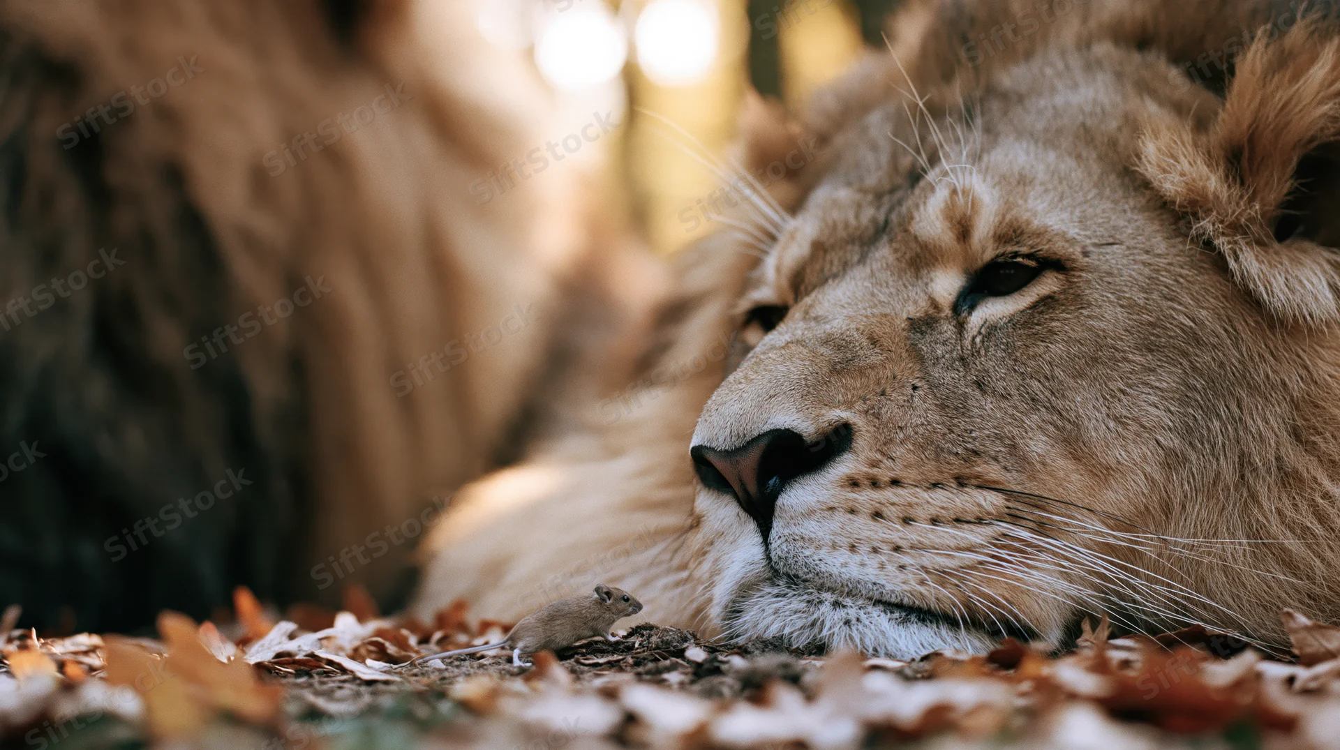 Male lion resting its head low on the ground among fallen autumn leaves