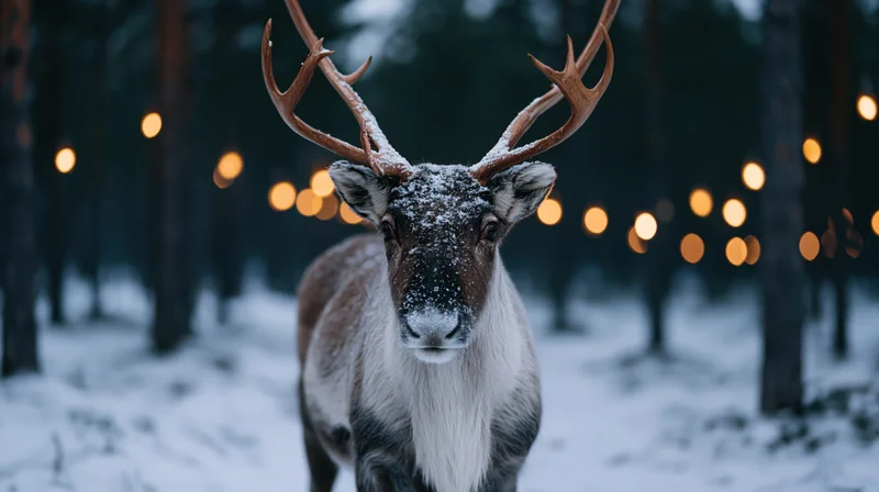 Male reindeer standing still facing camera in snowy forest at twilight with warm bokeh lights in background