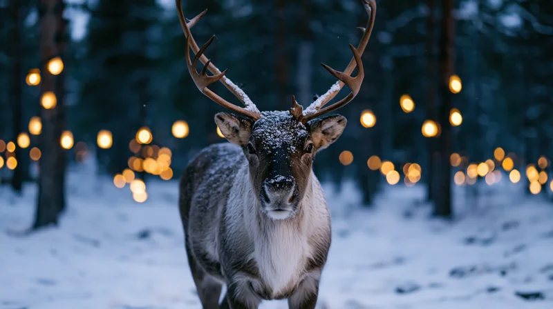 Male reindeer standing still in snowy forest at twilight with warm bokeh lights in background