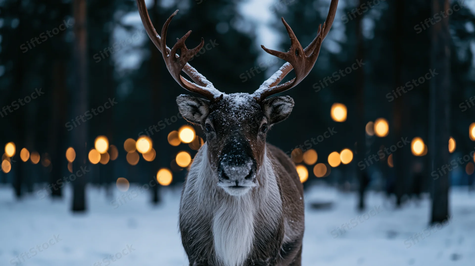 Male reindeer standing still facing camera in snowy forest at twilight with warm bokeh lights in background