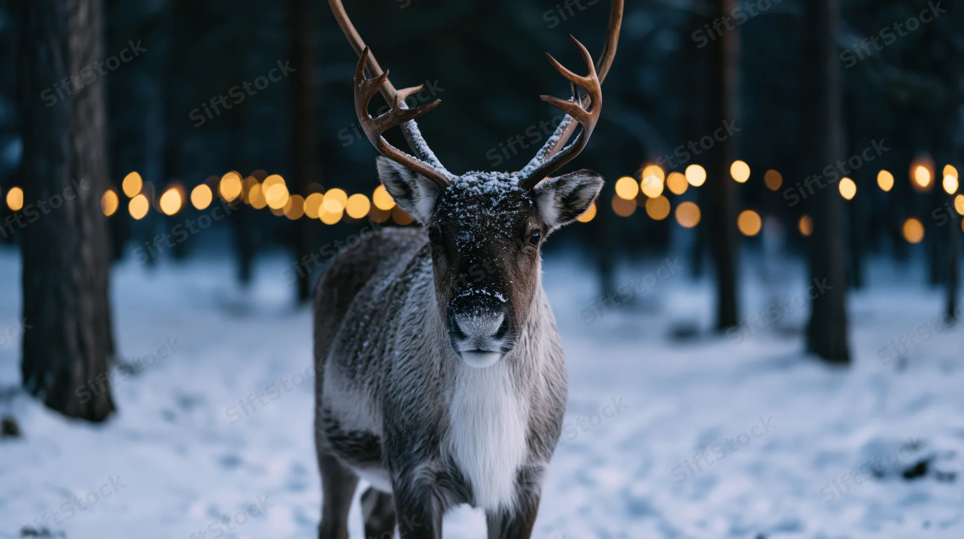 Male reindeer standing still in snowy forest at twilight with string lights glowing in background