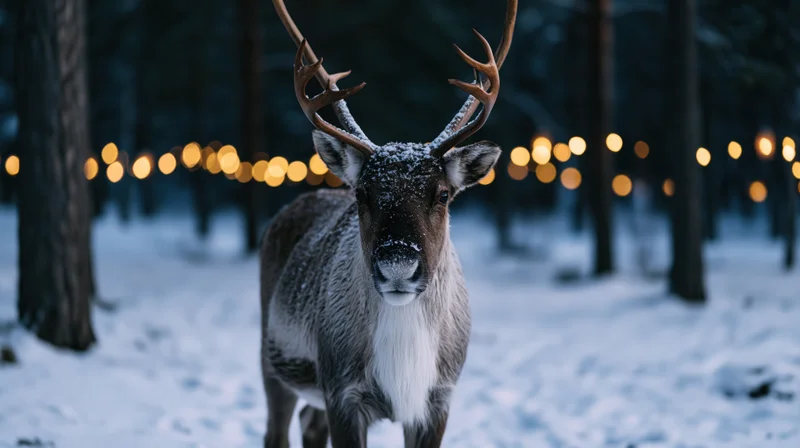 Male reindeer standing still in snowy forest at twilight with string lights glowing in background