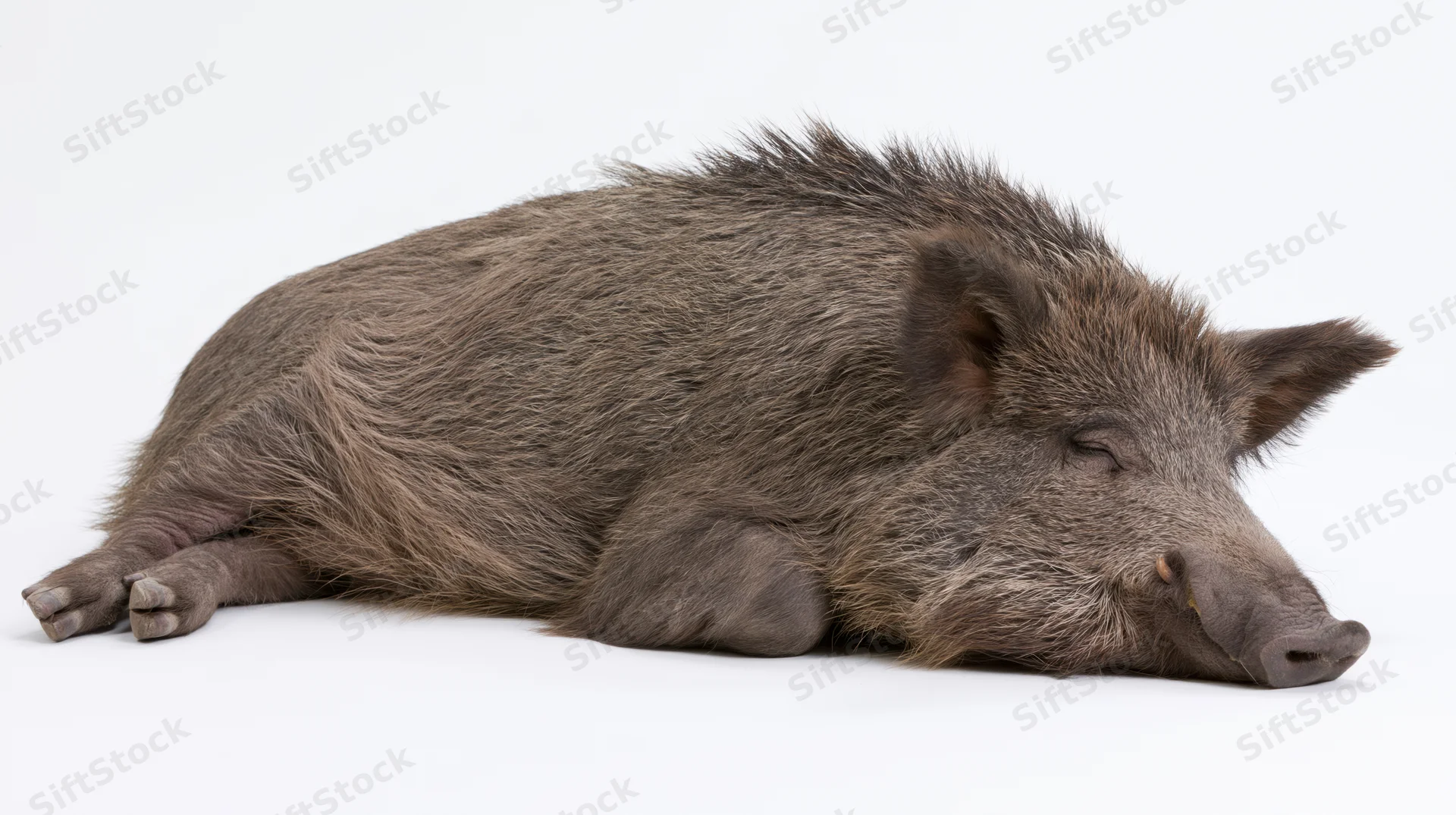 Wild boar lying on its side resting full body visible on white background