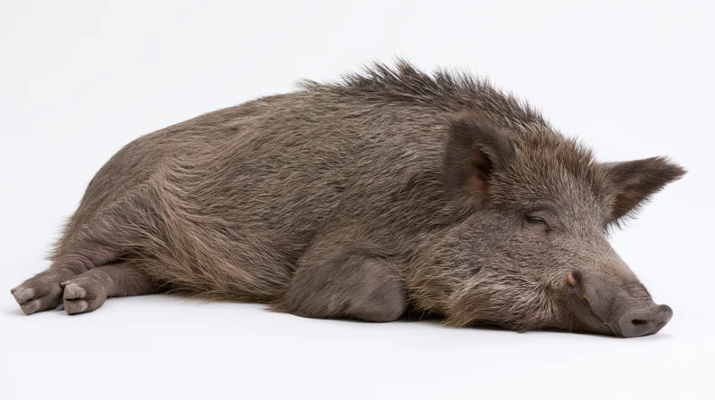 Wild boar lying on its side resting full body visible on white background