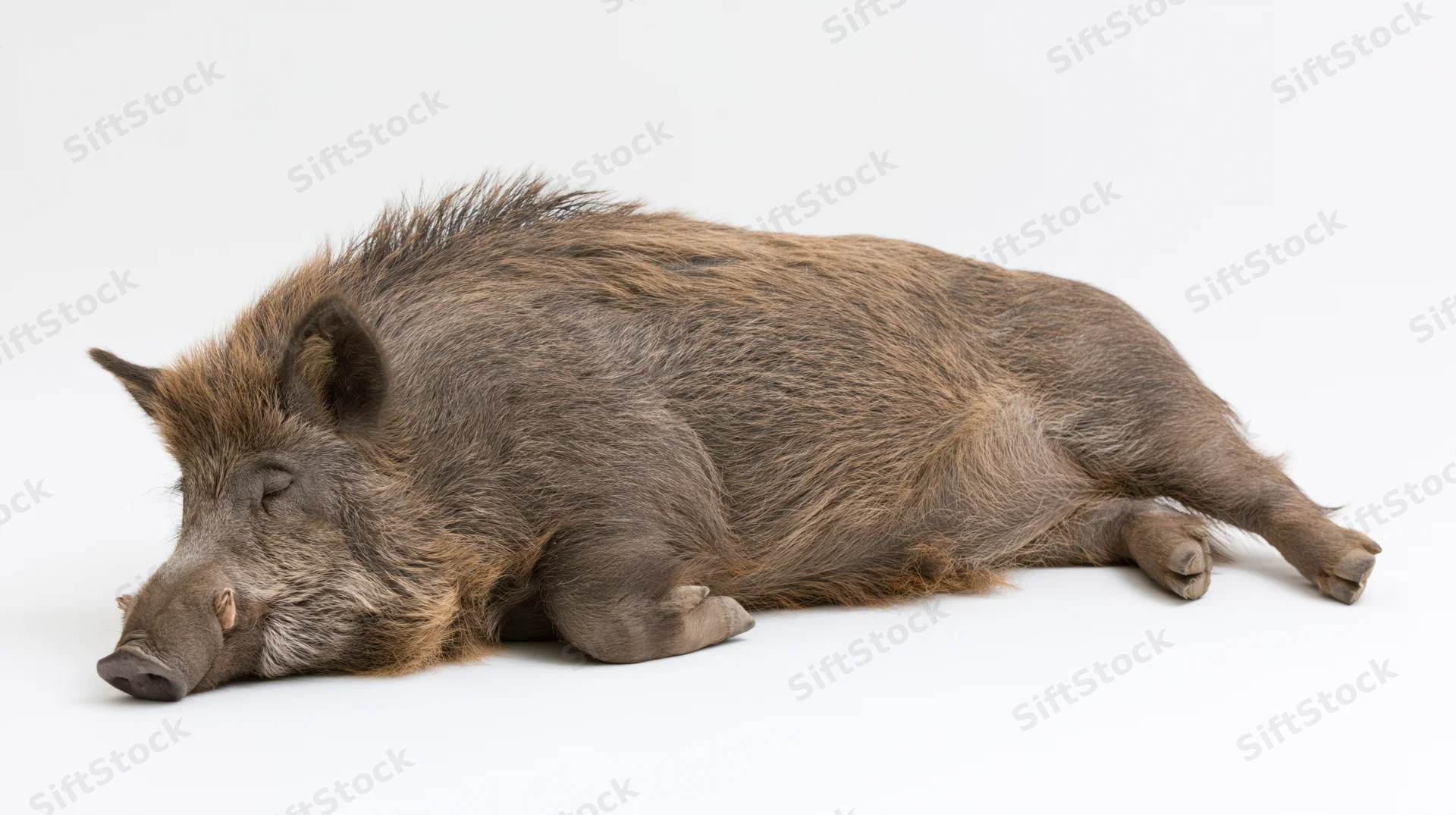 Wild boar lying on its side resting full body visible on white background
