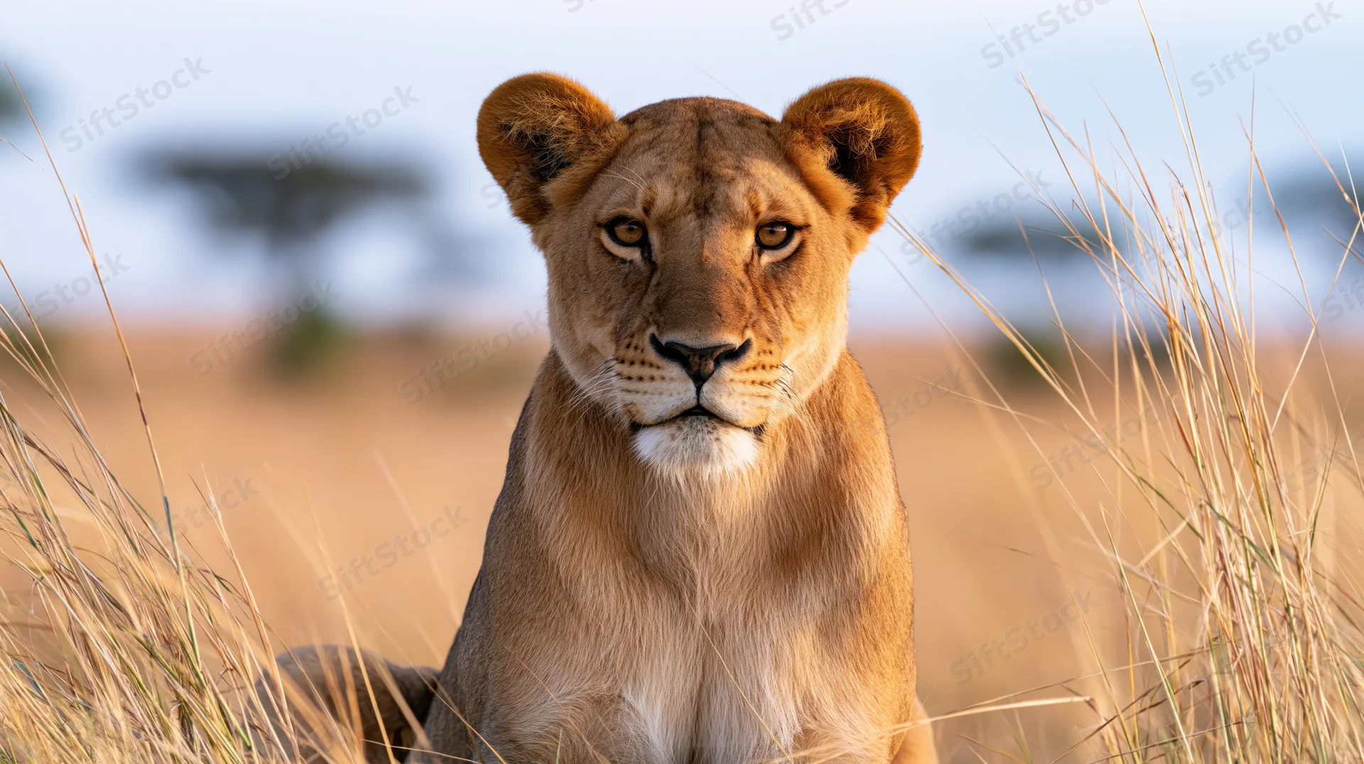 Lioness sitting alert in tall dry savanna grass gazing directly at camera