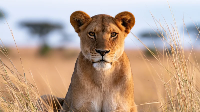 Lioness sitting alert in tall dry savanna grass gazing directly at camera