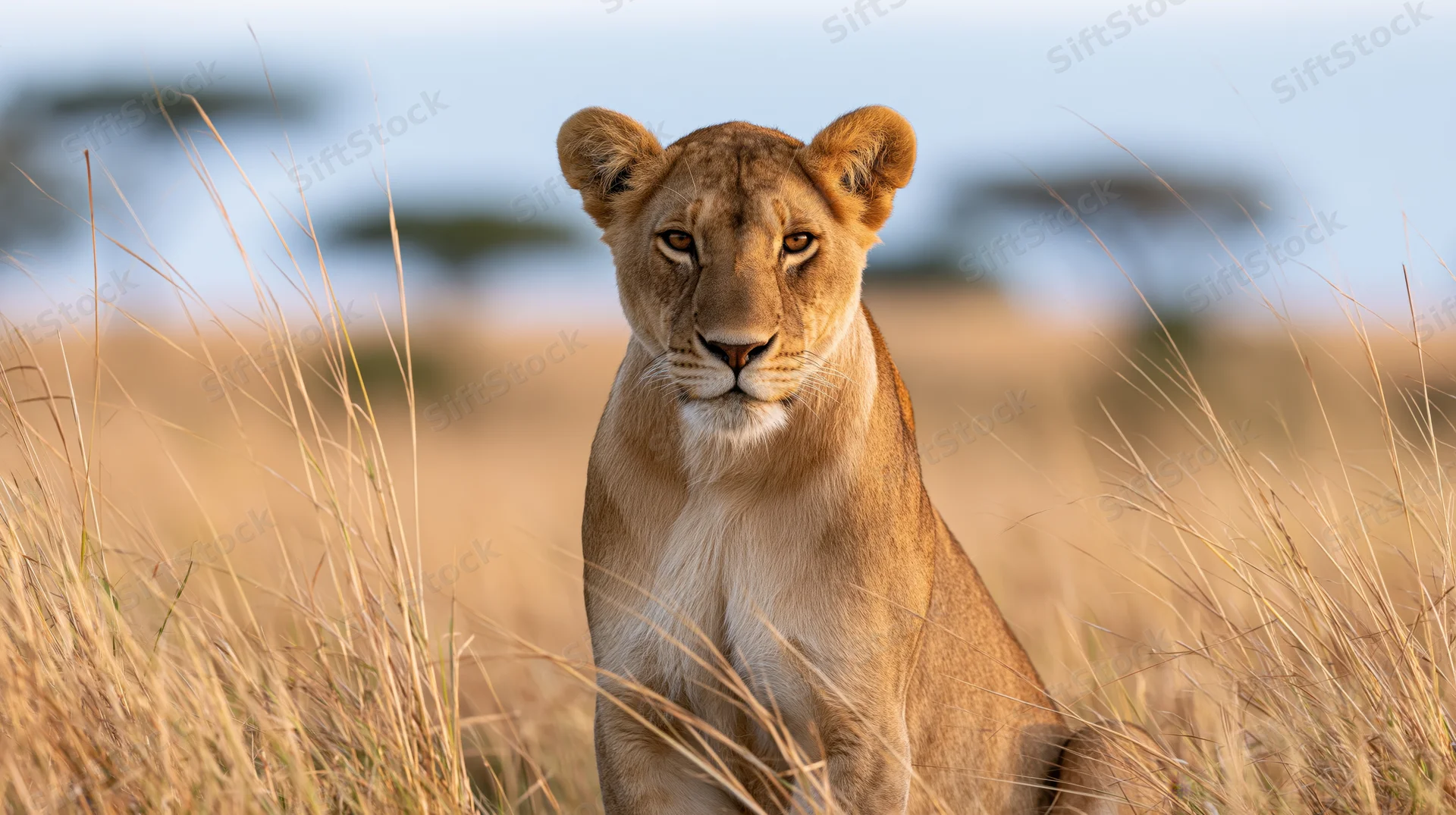 Lioness sitting alert in tall dry savanna grass gazing directly at camera