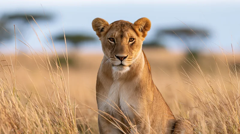 Lioness sitting alert in tall dry savanna grass gazing directly at camera