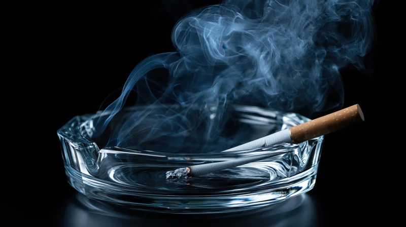 Lit cigarette resting in a clear glass ashtray with curling smoke against a black background