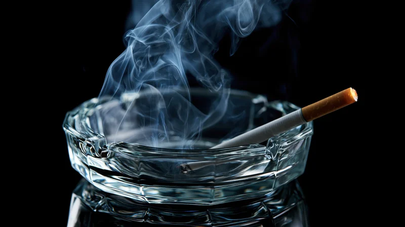 Lit cigarette resting in a clear glass ashtray with curling smoke against a black background