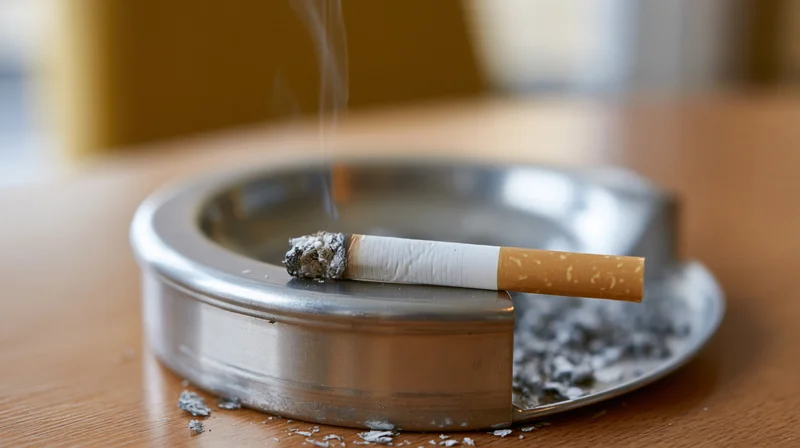 Lit cigarette resting in round metal ashtray on wooden table with ash and smoke