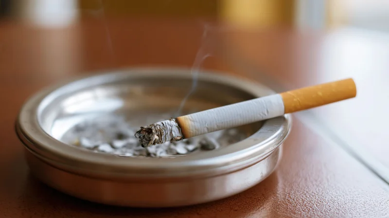 Lit cigarette burning in a round metal ashtray on a wooden table