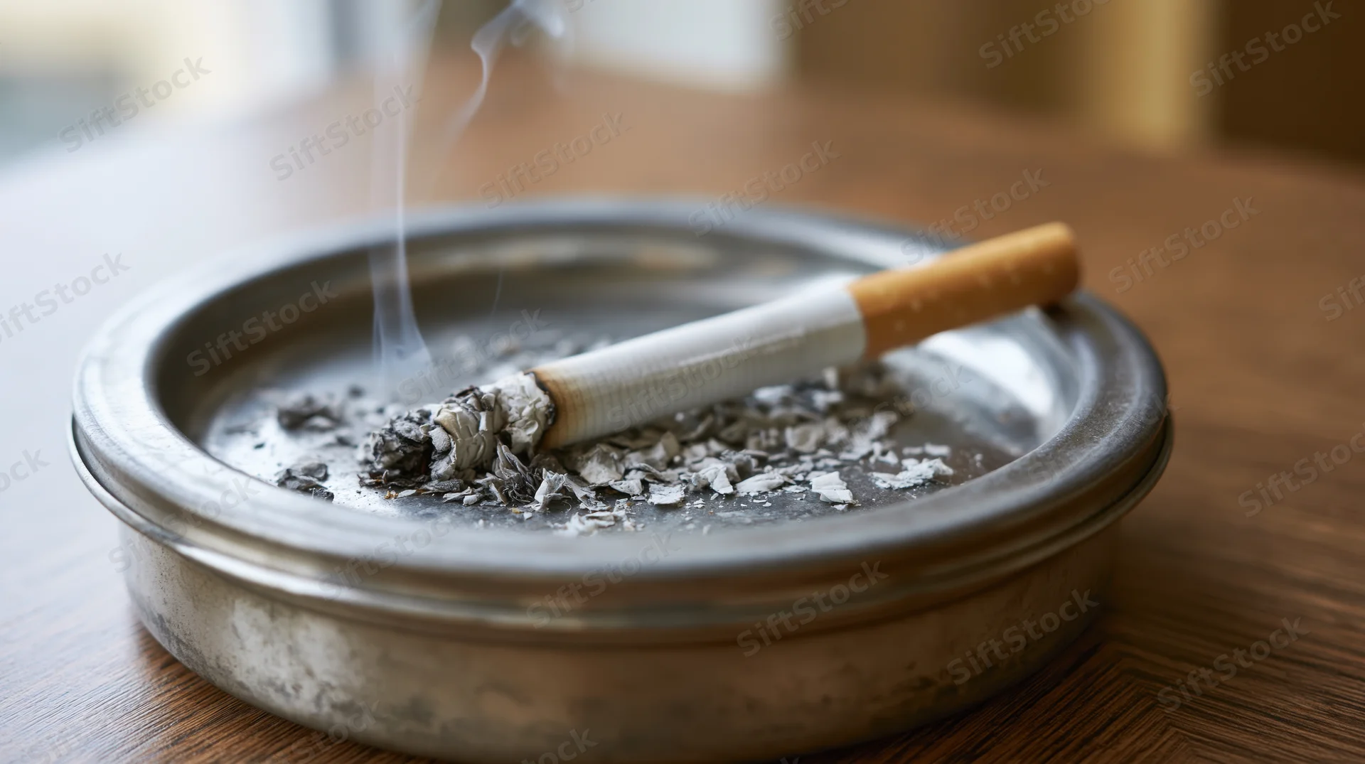 Lit cigarette burning in a round metal ashtray filled with ash on a wooden table