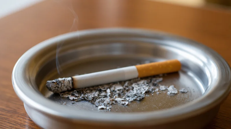 Lit cigarette burning in a metal ashtray on a wooden table with ash and smoke