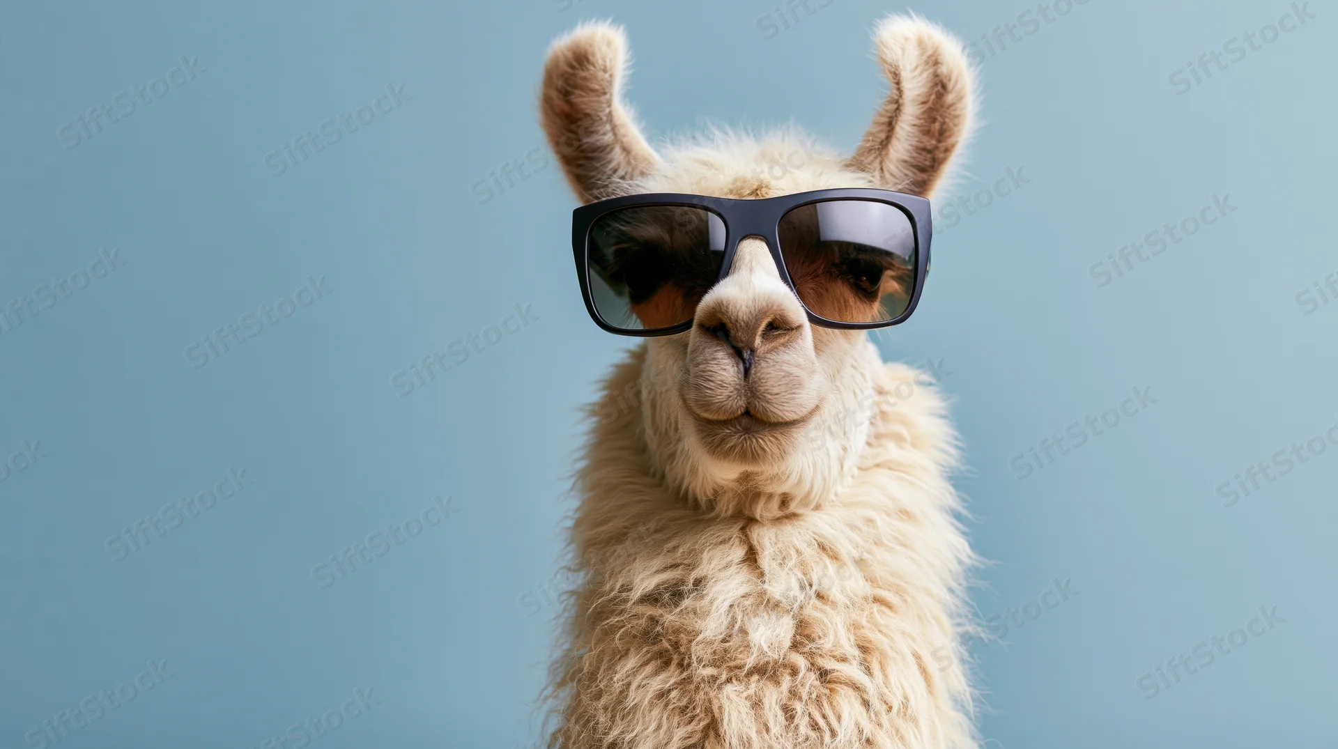 Llama wearing oversized sunglasses in front of blue background